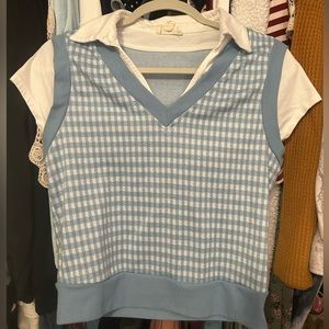 Blue Checkered Vest Short Sleeve Blouse with White Collar